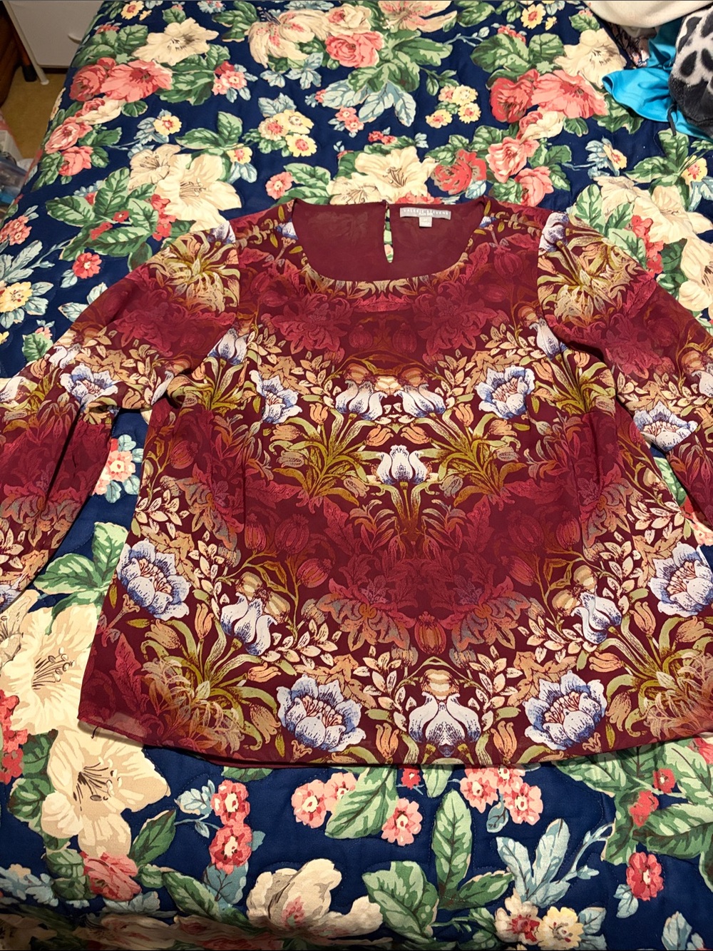 Valerie Stevens Burgundy Floral-Print Long Sleeve Top